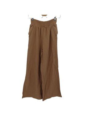 Aerie Women Small Brown Wide Leg Slit Slip On Pants Pockets Ruched Waistband